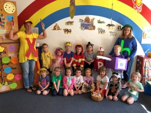 Preschool teachers Susan Wall (left) and Holly Sinopoli (right) with their class of 3-year-olds at FUMC preschool in Mocksville wearing Letterland character costumes